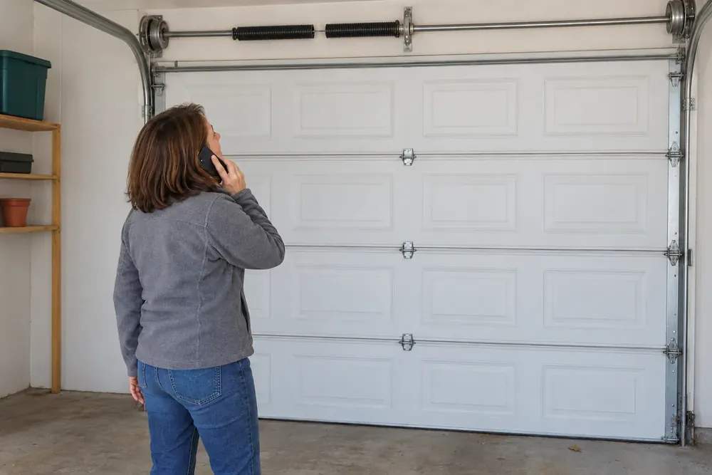 Homeowner on the phone looks up at a broken torsion spring above her closed garage door