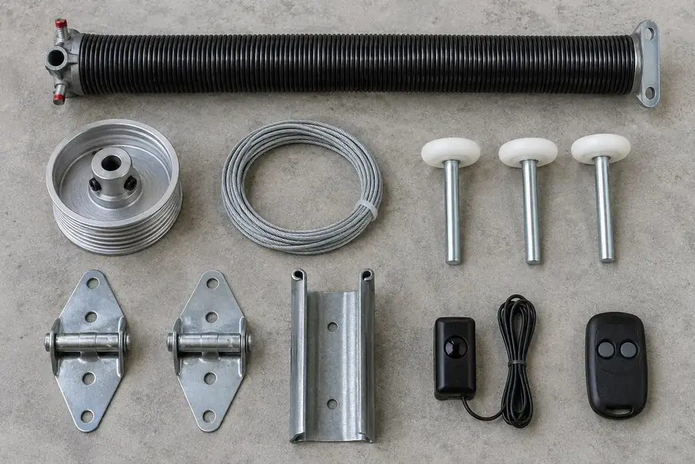 Spring, cable drum, rollers, hinges, track, sensor and remote arranged on a grey workbench.