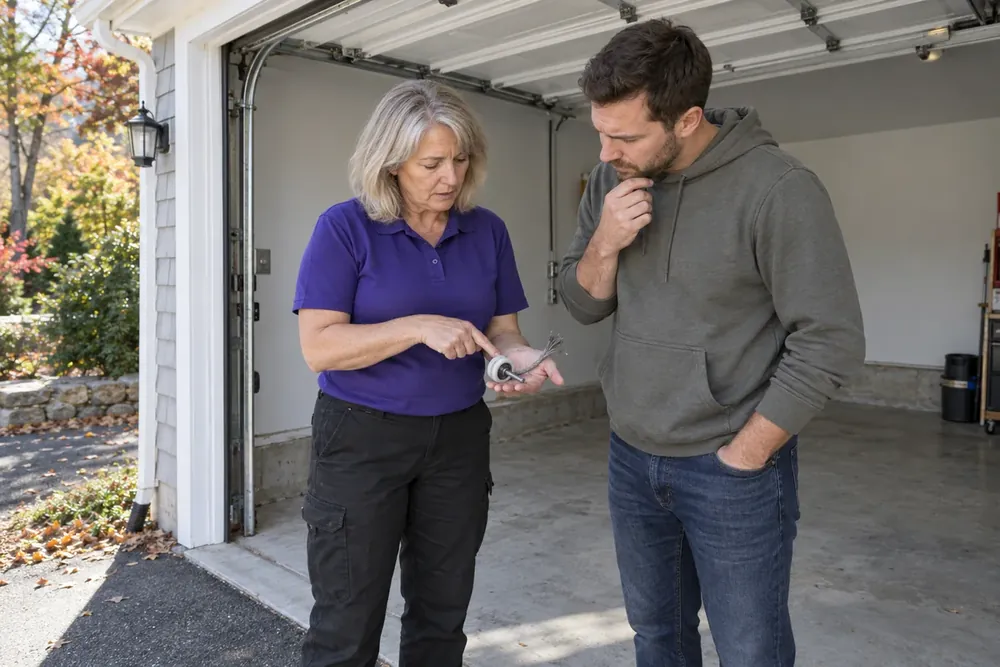 Technician shows a homeowner a garage door roller and a frayed lift cable in her palm