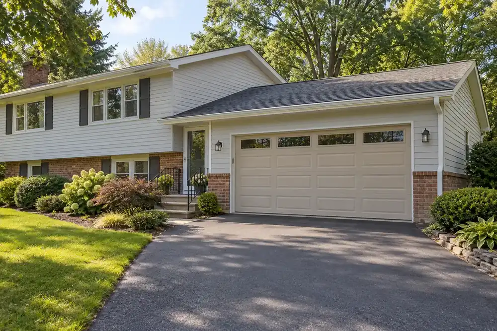 Sandtone garage door with top-row windows on a split-level house beside a clean driveway