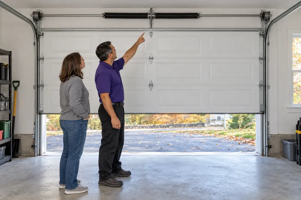 Technician points toward the overhead spring while a homeowner stands beside a partly open door