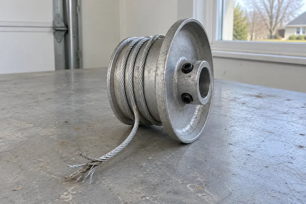 Garage door cable drum on a workbench, its lift cable unwinding to a frayed, broken end