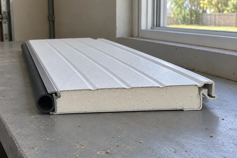 Cut sample of an insulated steel garage door section showing its foam core and bottom seal