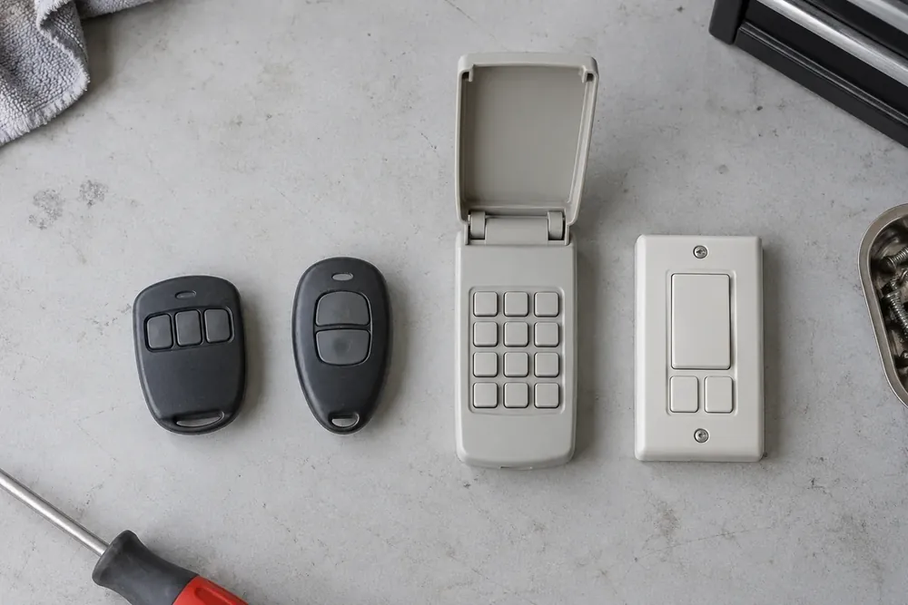 Two handheld remotes, an open wireless keypad and a wall control on a workbench