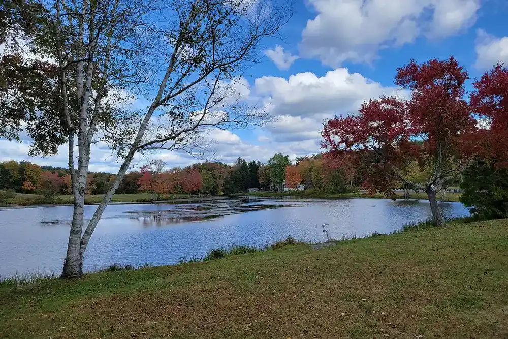 Riverside Pond with autumn foliage along its grassy bank in Stafford, Connecticut