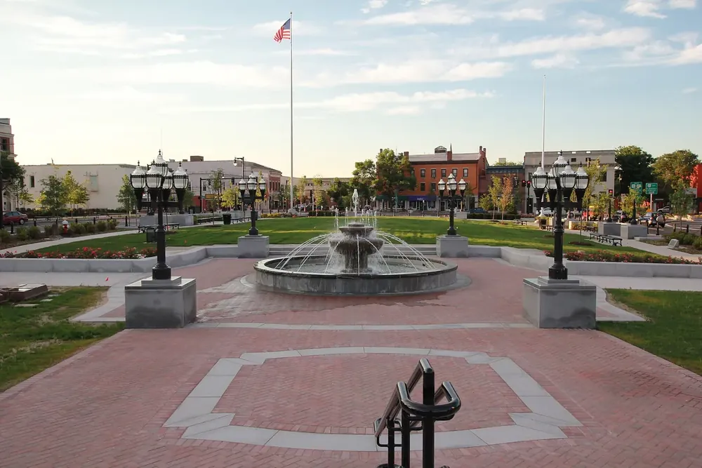 Fountain and lamp posts on Park Square, the green in downtown Westfield, Massachusetts