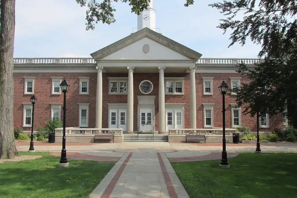 Columned brick Windsor Town Hall on the Broad Street Green in Windsor, Connecticut